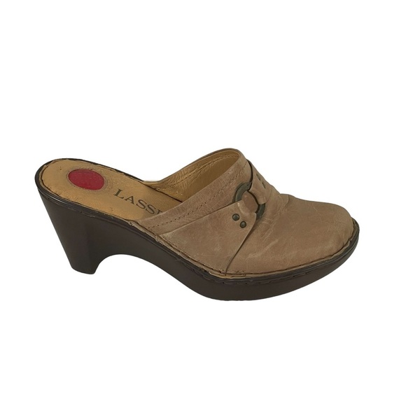 Lassen Tan Leather Slip On Wedge Platform Clog Mule Shoe Sz 11 M - Picture 6 of 12